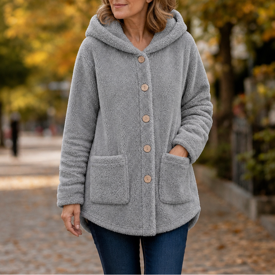 Gray hooded winter jacket, snap-button front, two front pockets
