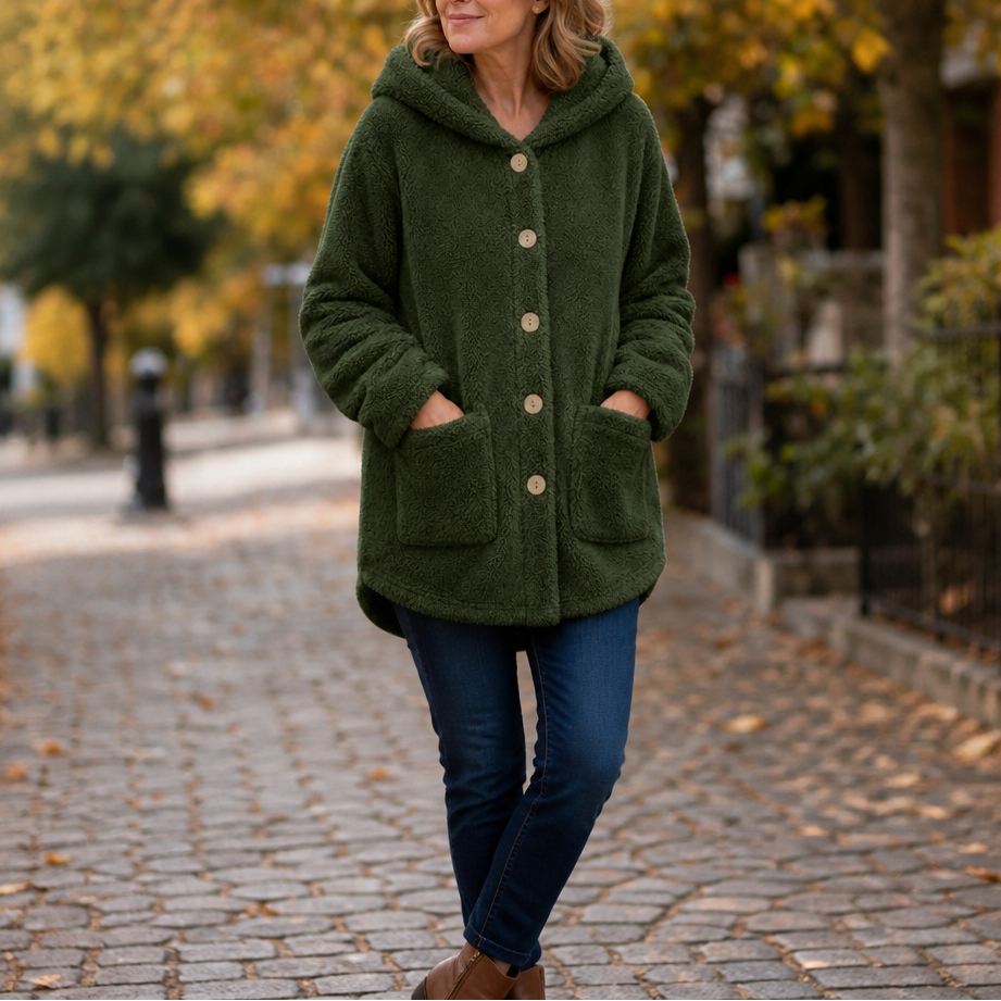 Dark green hooded winter jacket, snap-button front, two front pockets