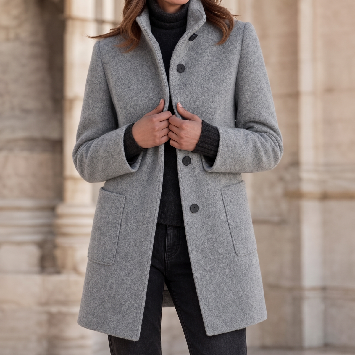 Light grey stand-collar button-front fall coat with flap pockets, long sleeves