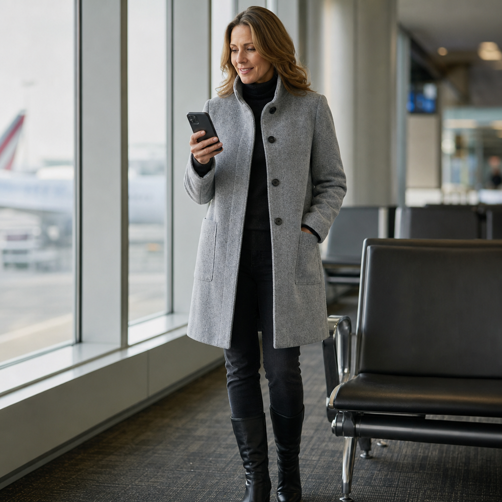 Light grey stand-collar button-front coat with welt pockets and mid-thigh length