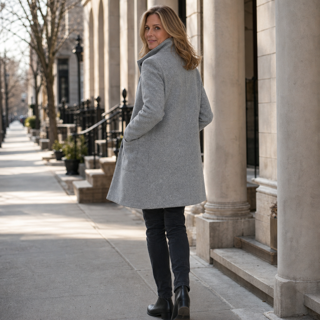 Light grey stand-collar button-front fall coat with flap pockets and straight hem