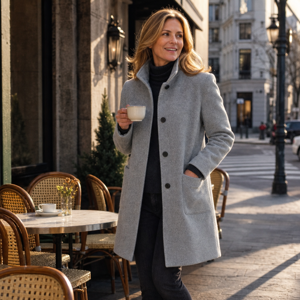 Light grey stand-collar button-front coat with flap pocket detail and long sleeves