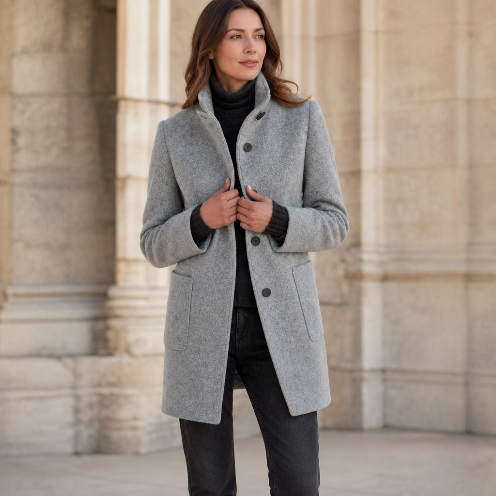 Light grey button-front stand-collar fall coat with flap pockets