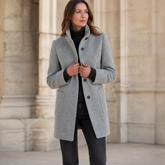 Light grey button-front stand-collar fall coat with flap pockets