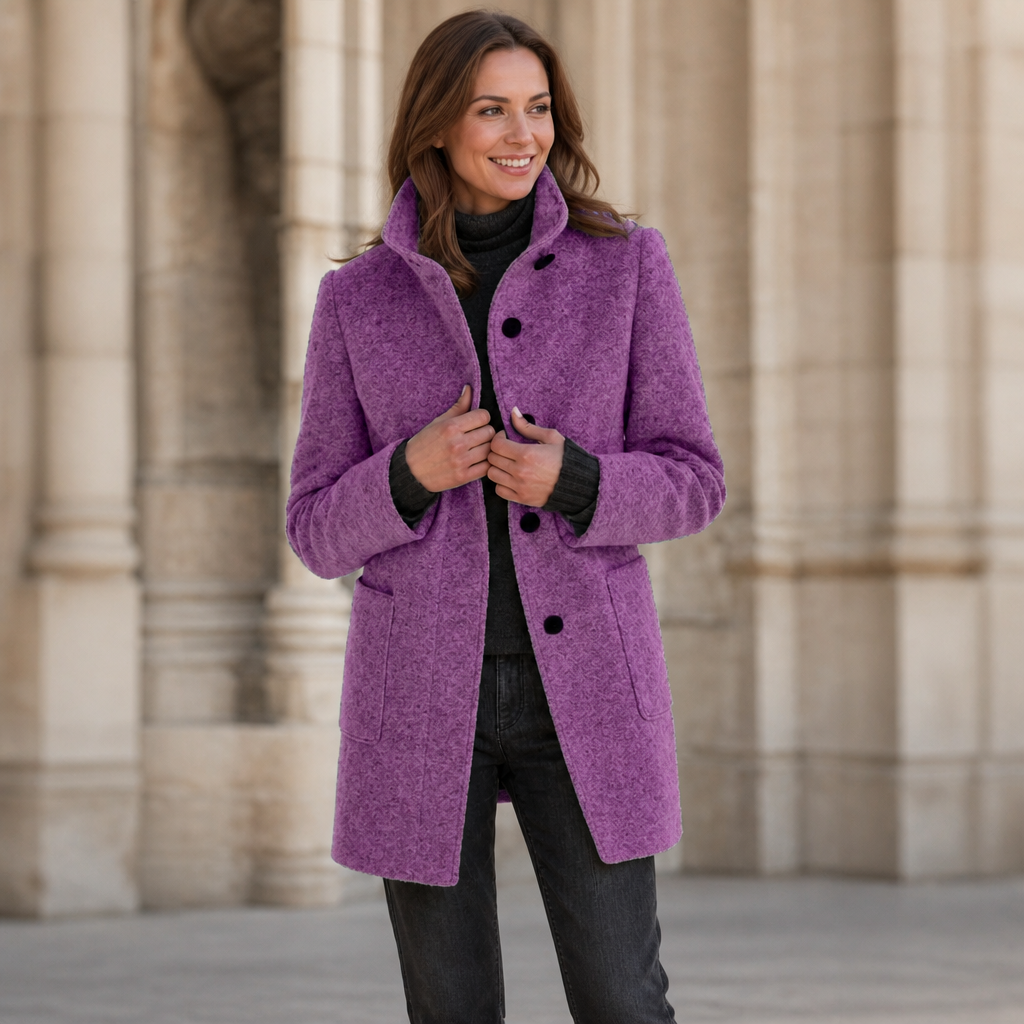 Light purple button-front stand-collar fall coat with flap pockets