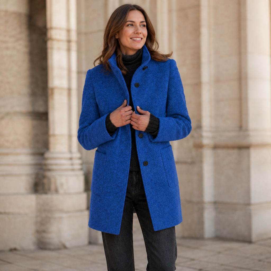 Blue button-front stand-collar fall coat with flap pockets