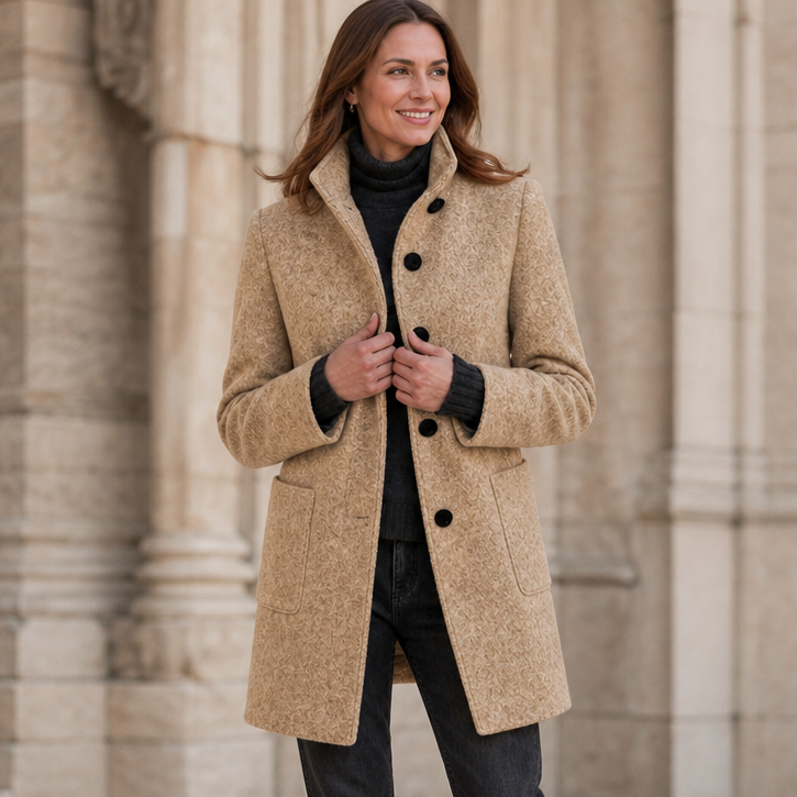 Brown button-front stand-collar fall coat with flap pockets