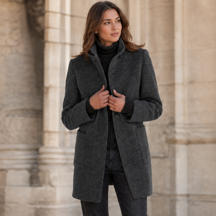 Black button-front stand-collar fall coat with flap pockets
