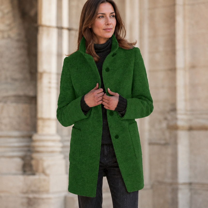Green button-front stand-collar fall coat with flap pockets
