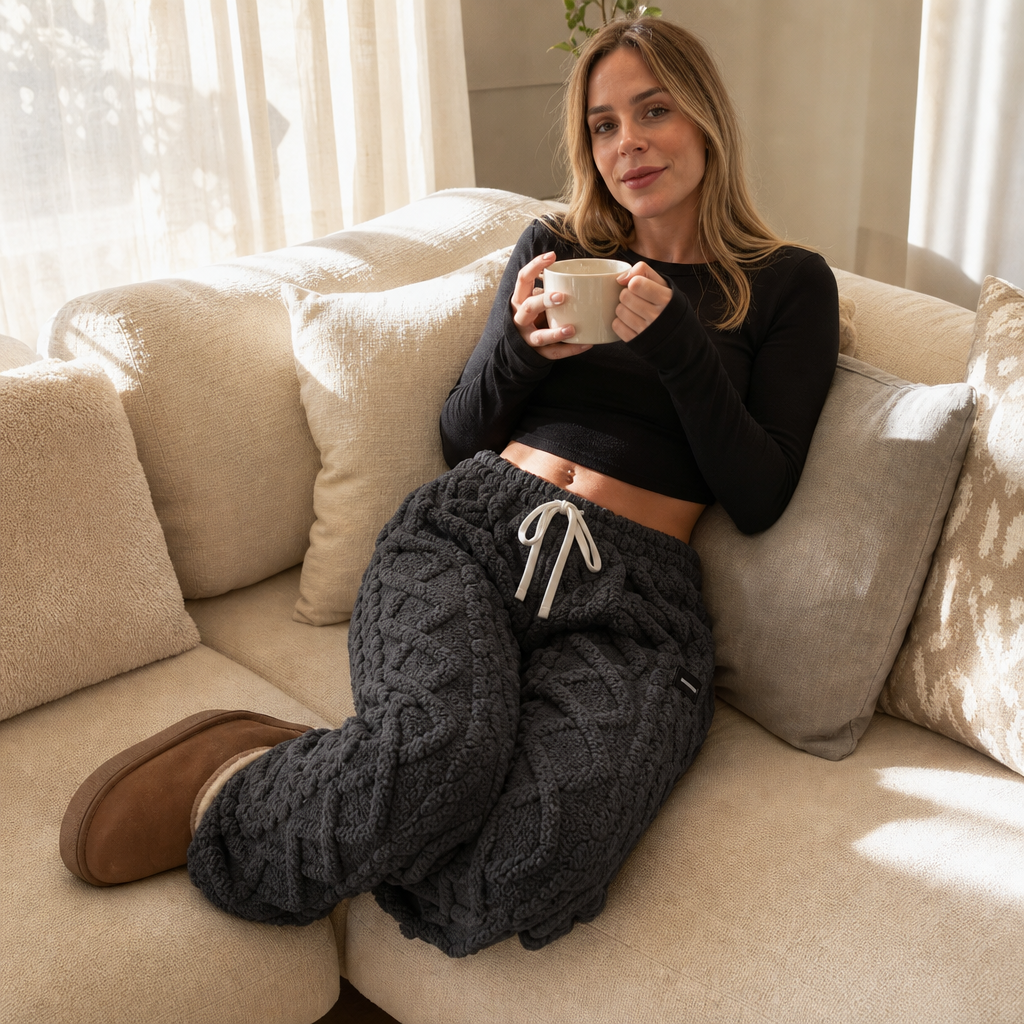 Charcoal lounge pants show a thick raised cable-knit pattern and white drawstring