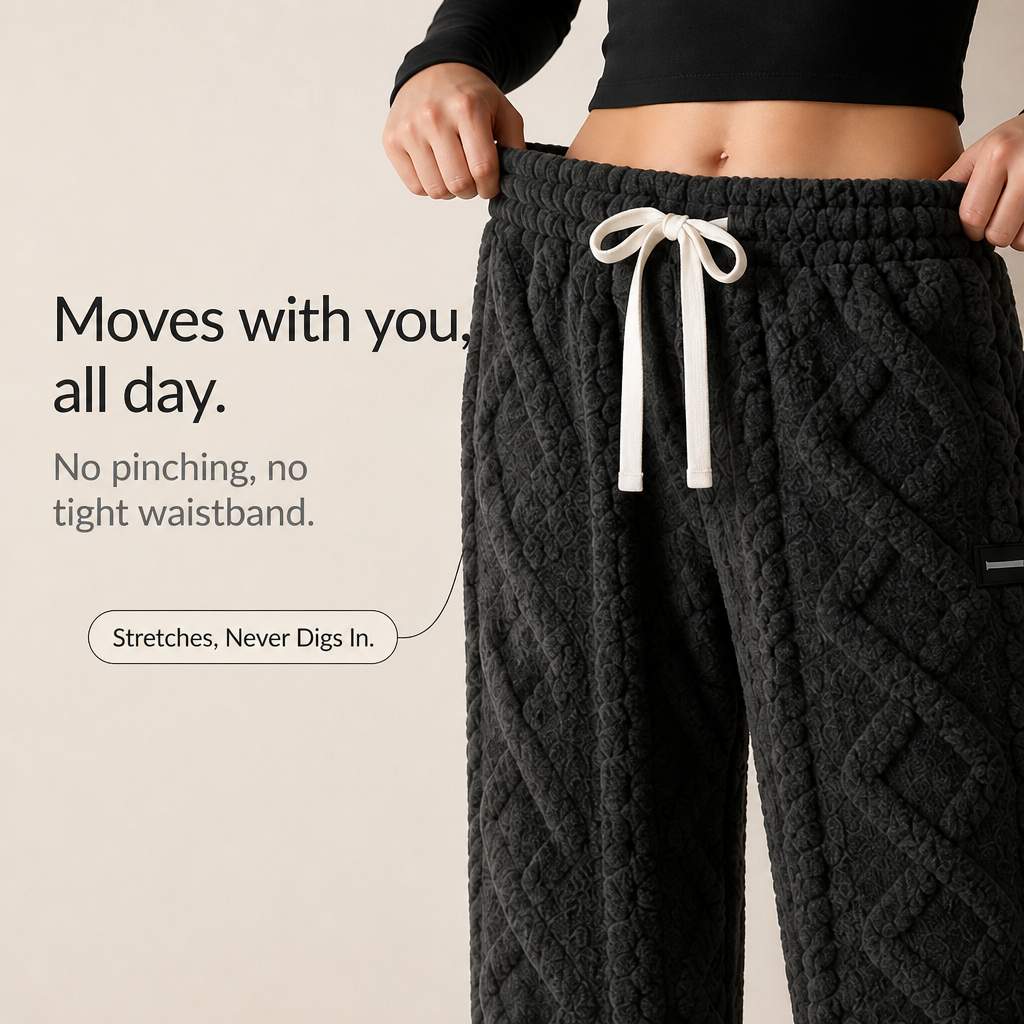 Close-up of charcoal lounge pants with a stretchy elastic waist and white drawstring