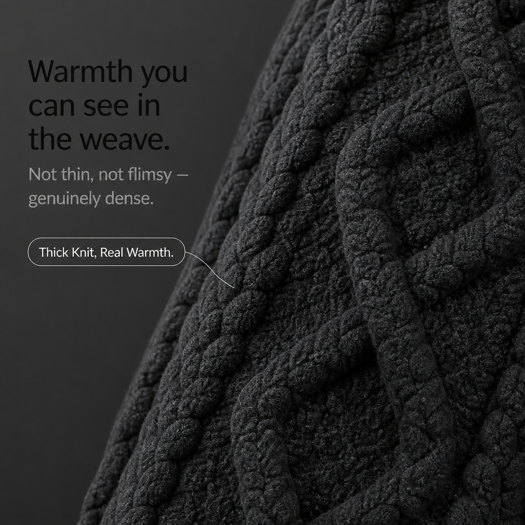 Close-up of the thick, raised cable-knit texture on charcoal lounge pants
