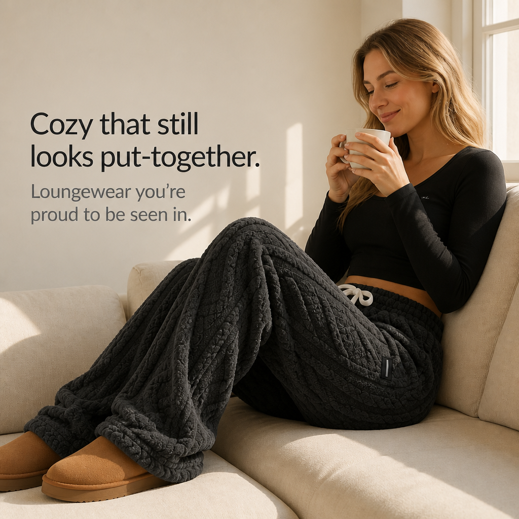 Charcoal cable-knit lounge pants with relaxed legs and a white drawstring waist