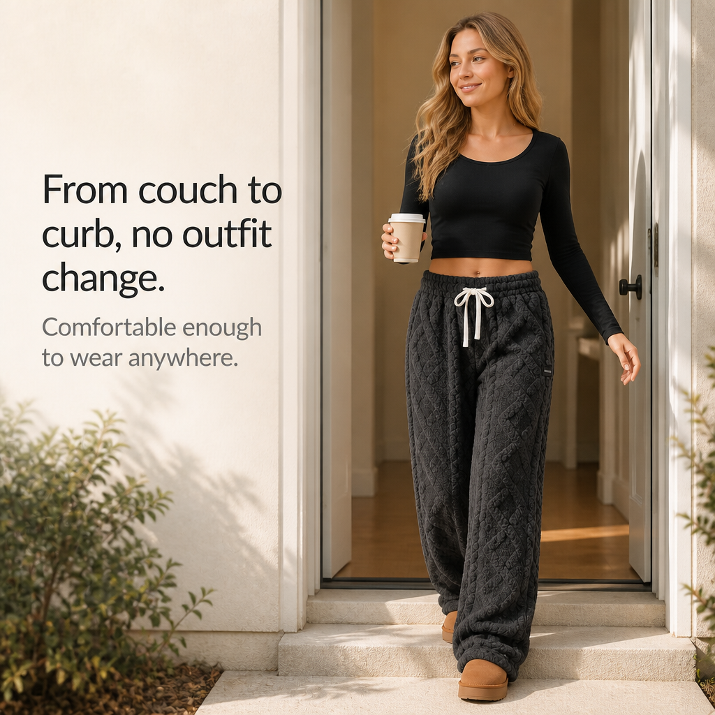 Charcoal gray cable-knit lounge pants with a drawstring waist and cuffed ankles