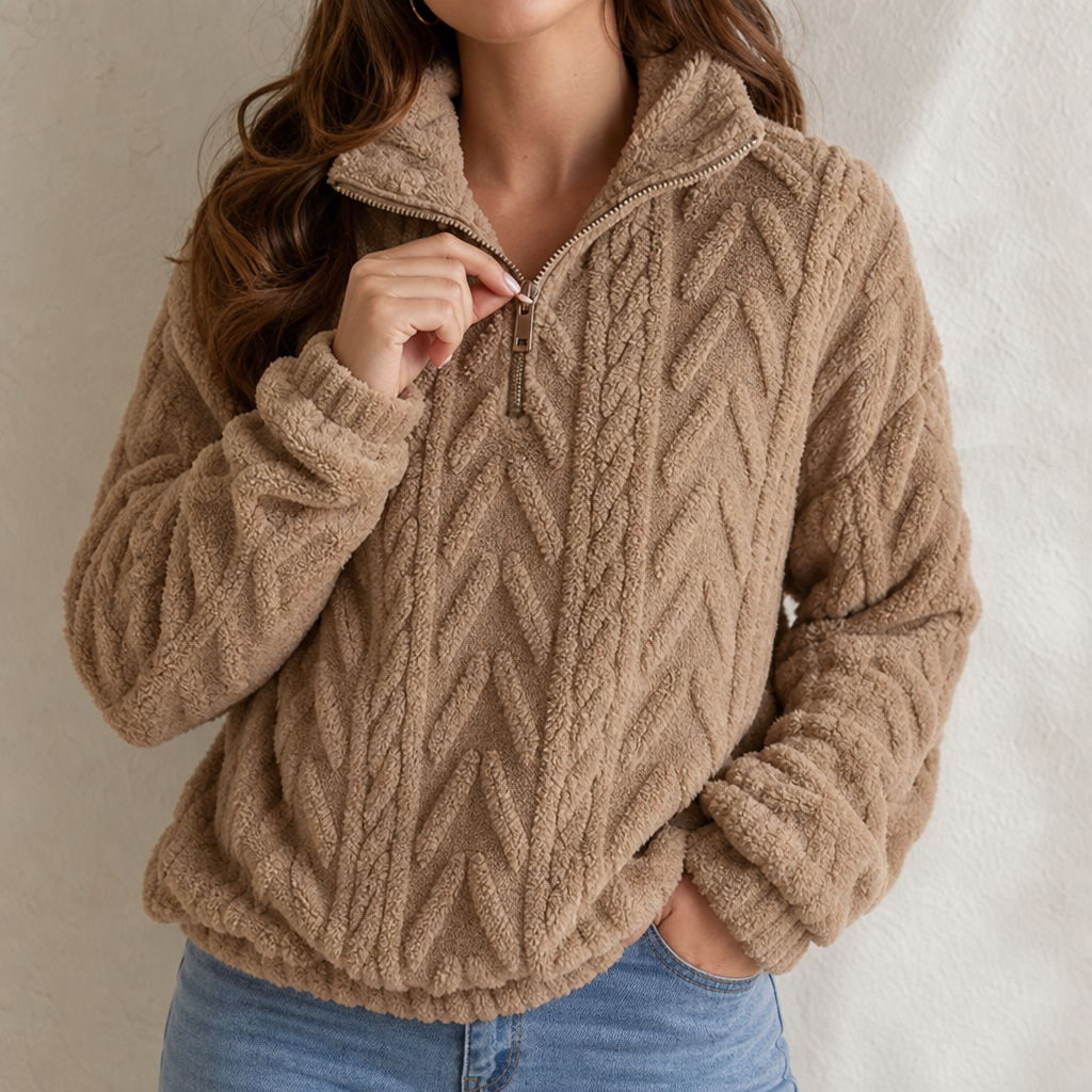 Tan cable-knit quarter-zip pullover sweater with textured high collar and zipper placket