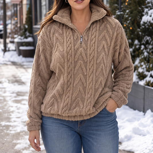 Tan textured cable-knit quarter-zip pullover with long sleeves and stand collar