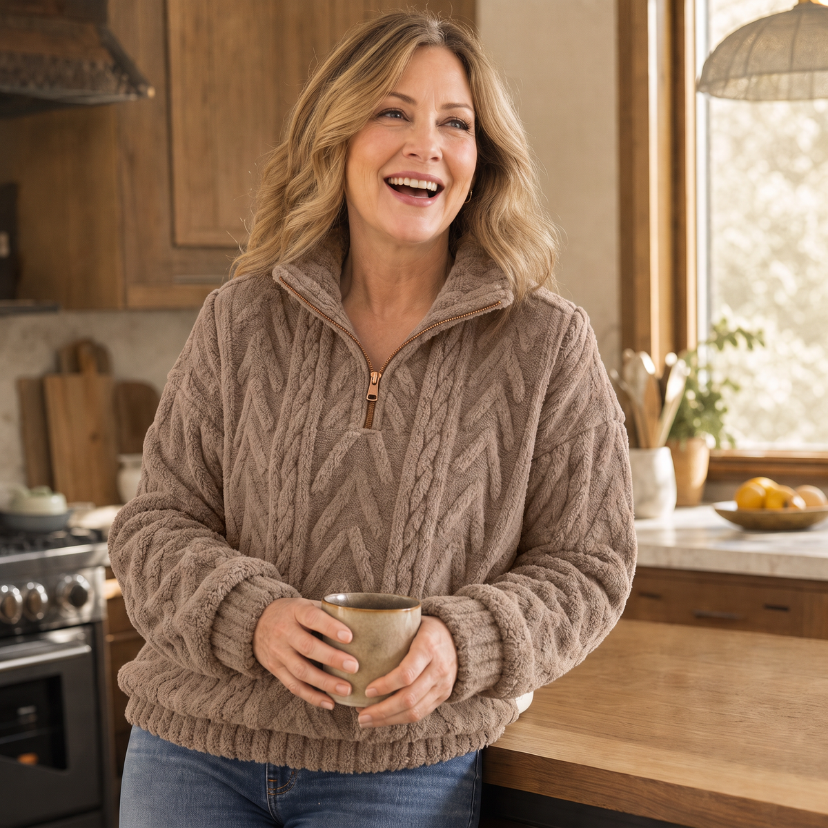 Beige/tan cable-knit quarter-zip pullover sweater with half-zip closure and cozy texture