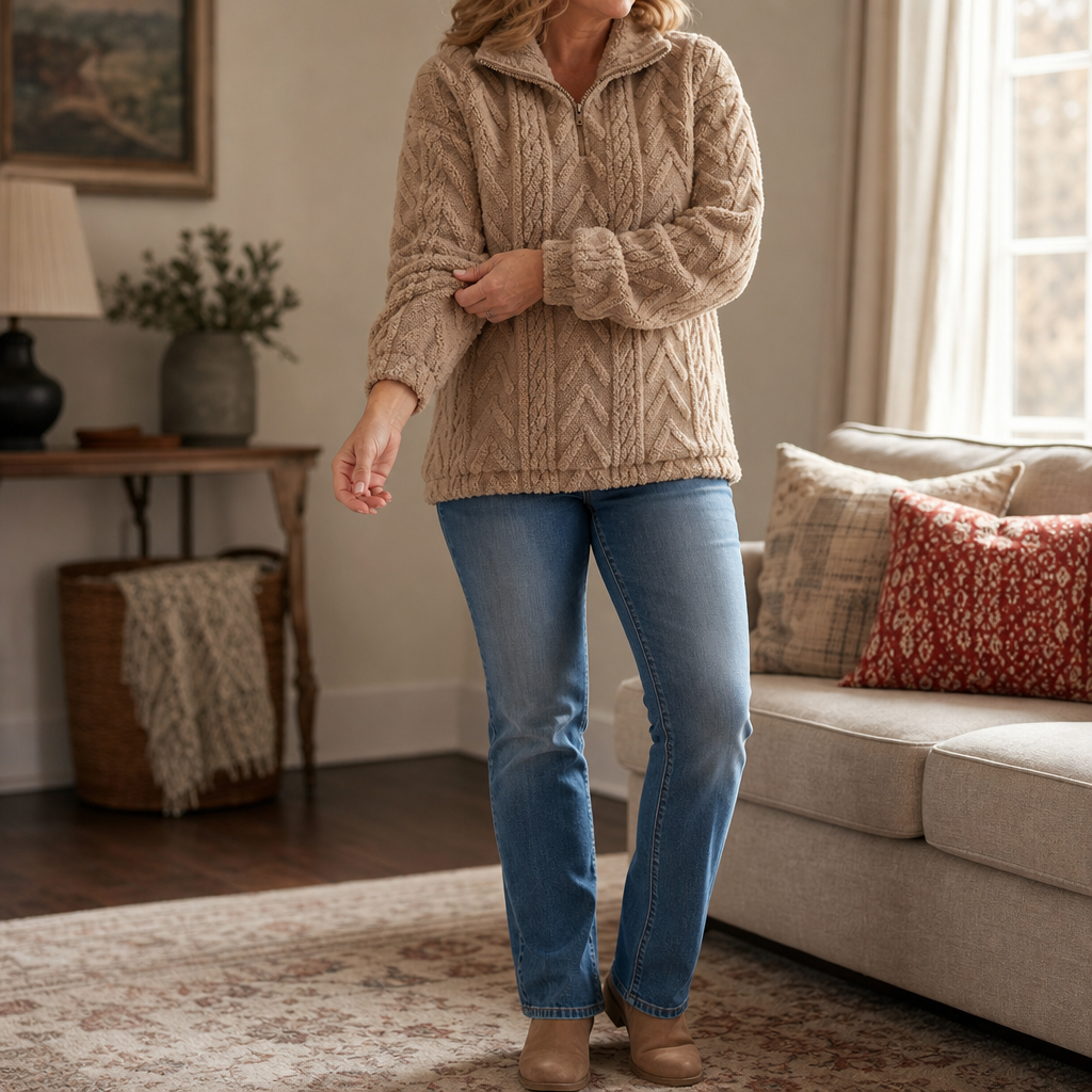 Tan cable-knit quarter-zip pullover with long sleeves, ribbed cuffs, and hip-length hem