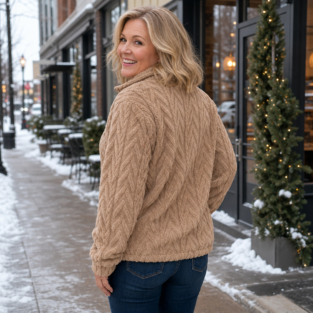 Tan cable-knit quarter-zip pullover with stand collar, textured cable pattern, and long sleeves