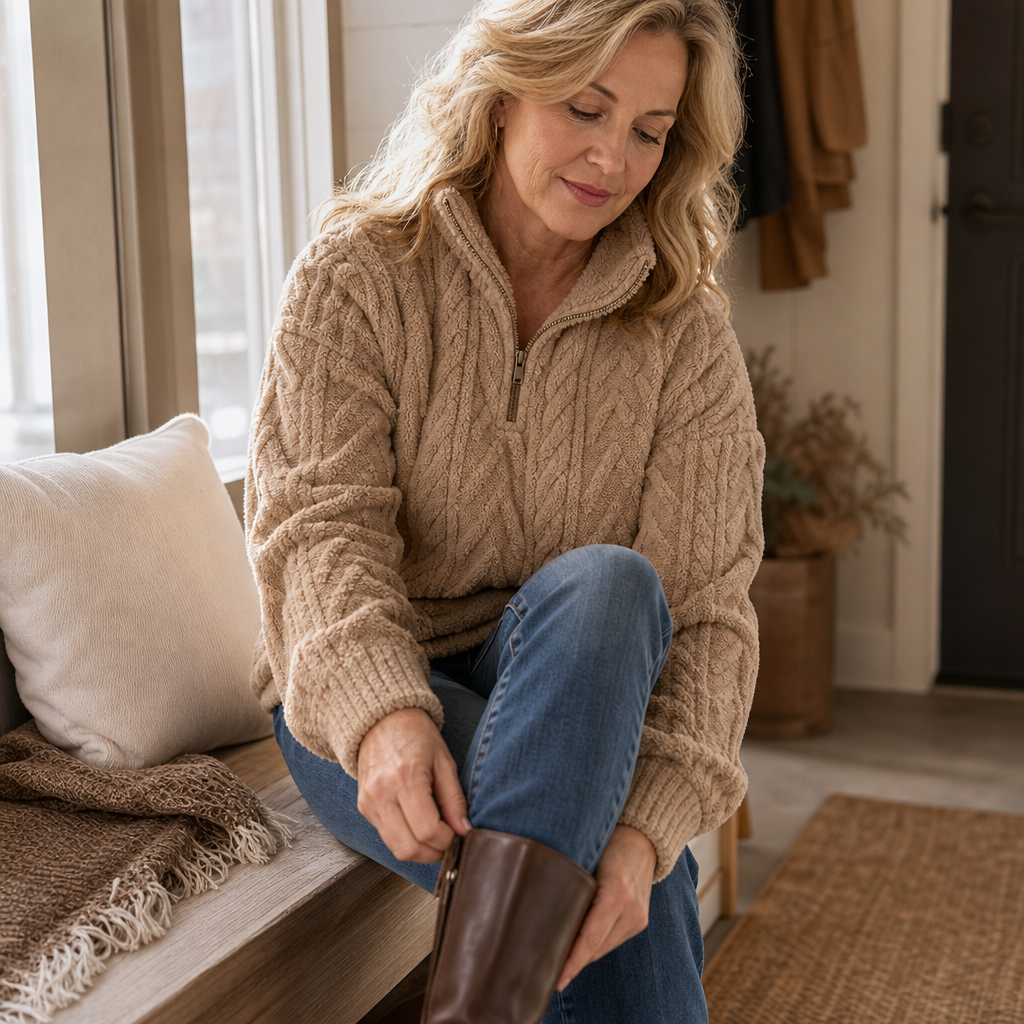 Tan quarter-zip pullover sweater with cable texture, half-zip front, and ribbed cuffs