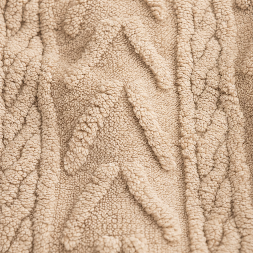 Close-up of tan fuzzy cable-knit quarter-zip pullover fabric texture
