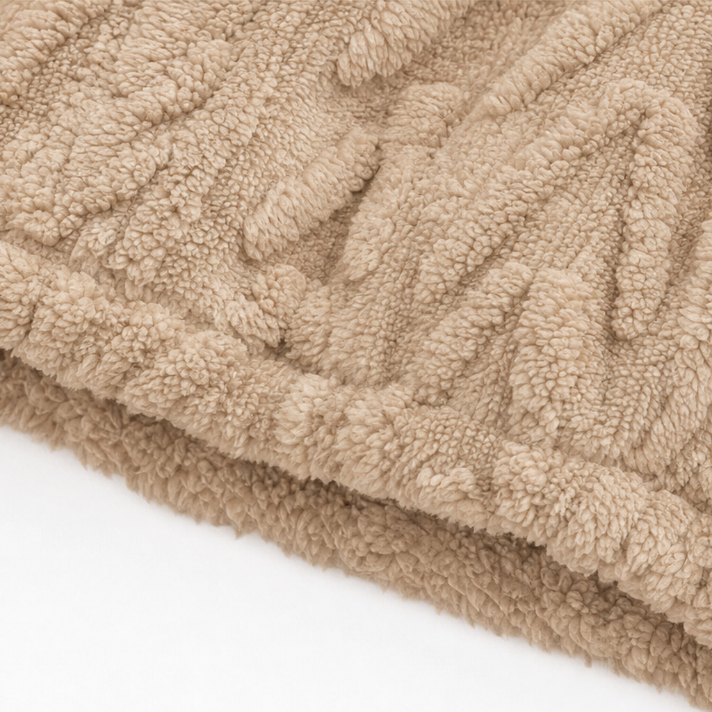 Khaki cable-knit quarter-zip pullover with textured cable pattern and stand collar