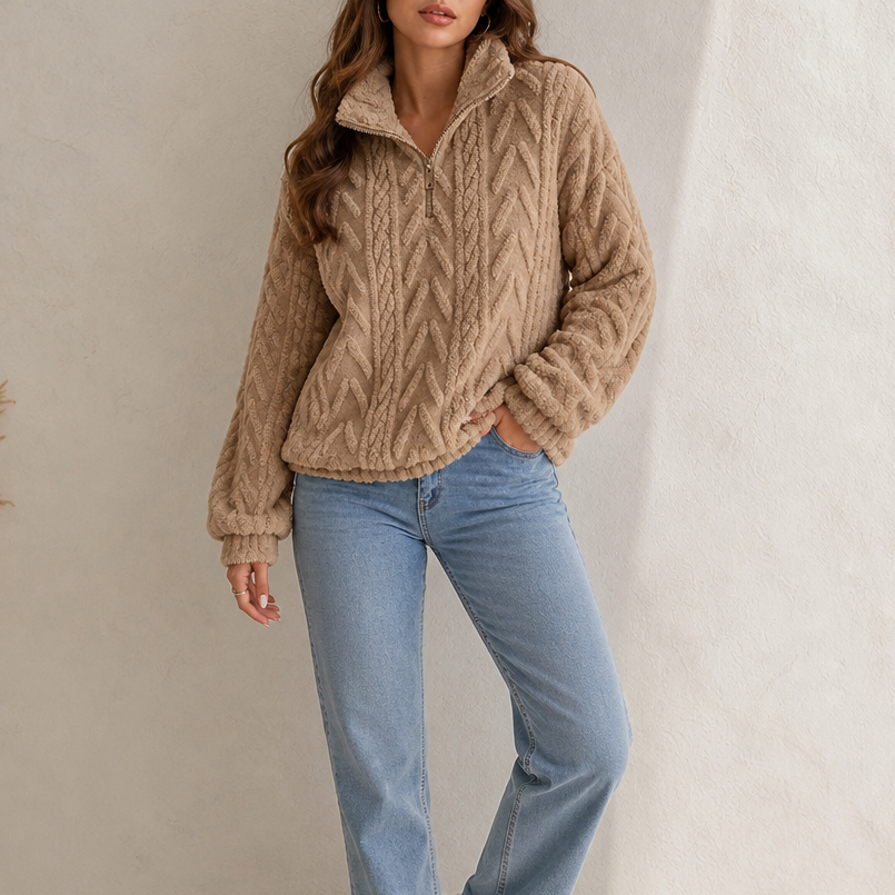 Beige cable-knit quarter-zip pullover, textured cable knit and long sleeves