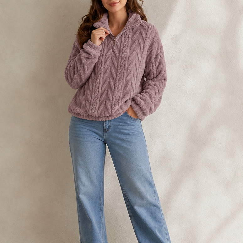 Light purple cable-knit quarter-zip pullover with textured zigzag cables and zip front