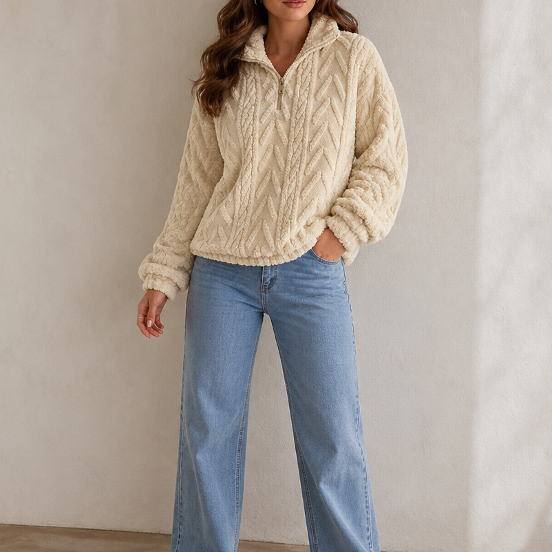 Cream cable-knit quarter-zip pullover with raised chevron texture and zip neck