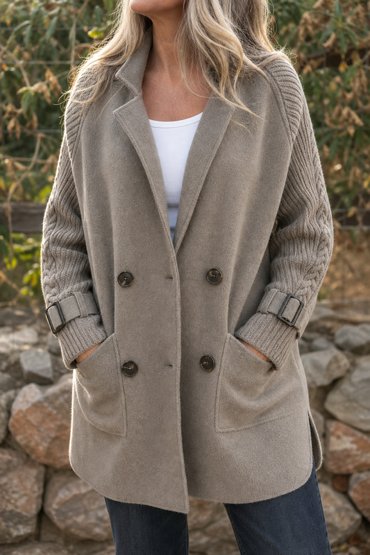 Cable-Knit Sleeve Double-Breasted Longline Coat