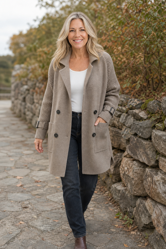 Gray longline double-breasted coat with notched lapels and cable-knit cuffs