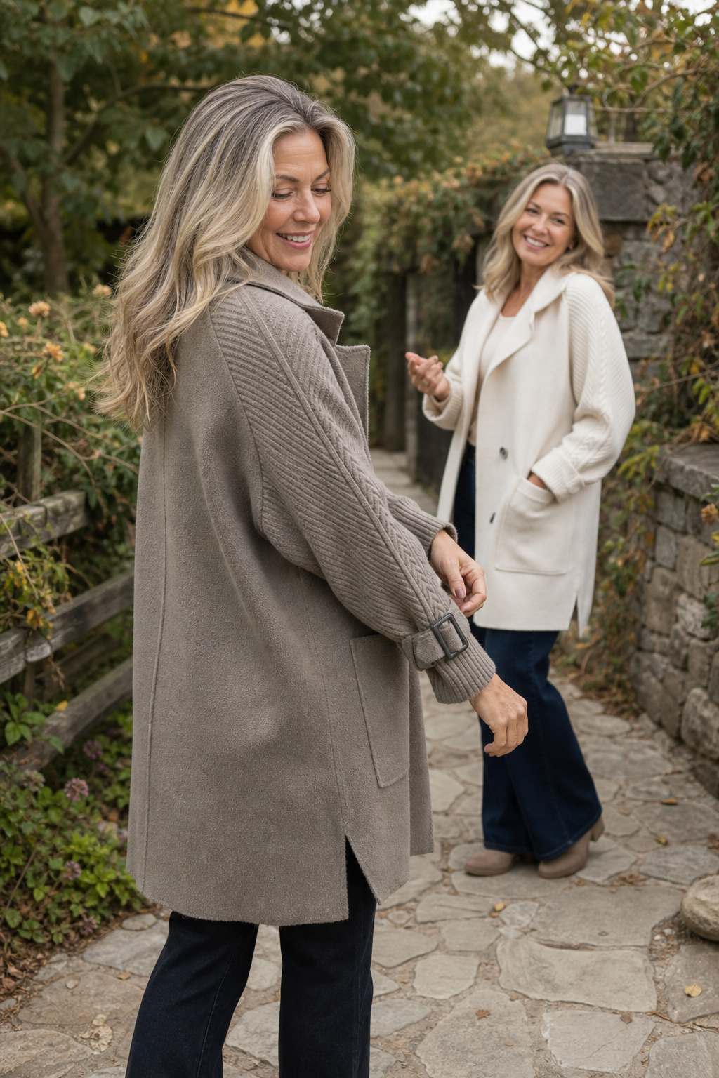 Cable-Knit Sleeve Double-Breasted Longline Coat