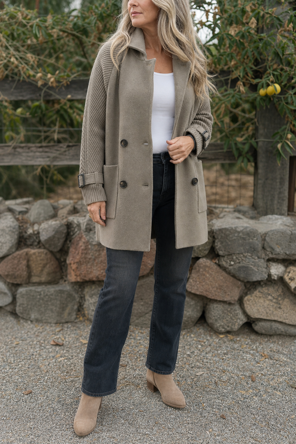 Cable-Knit Sleeve Double-Breasted Longline Coat