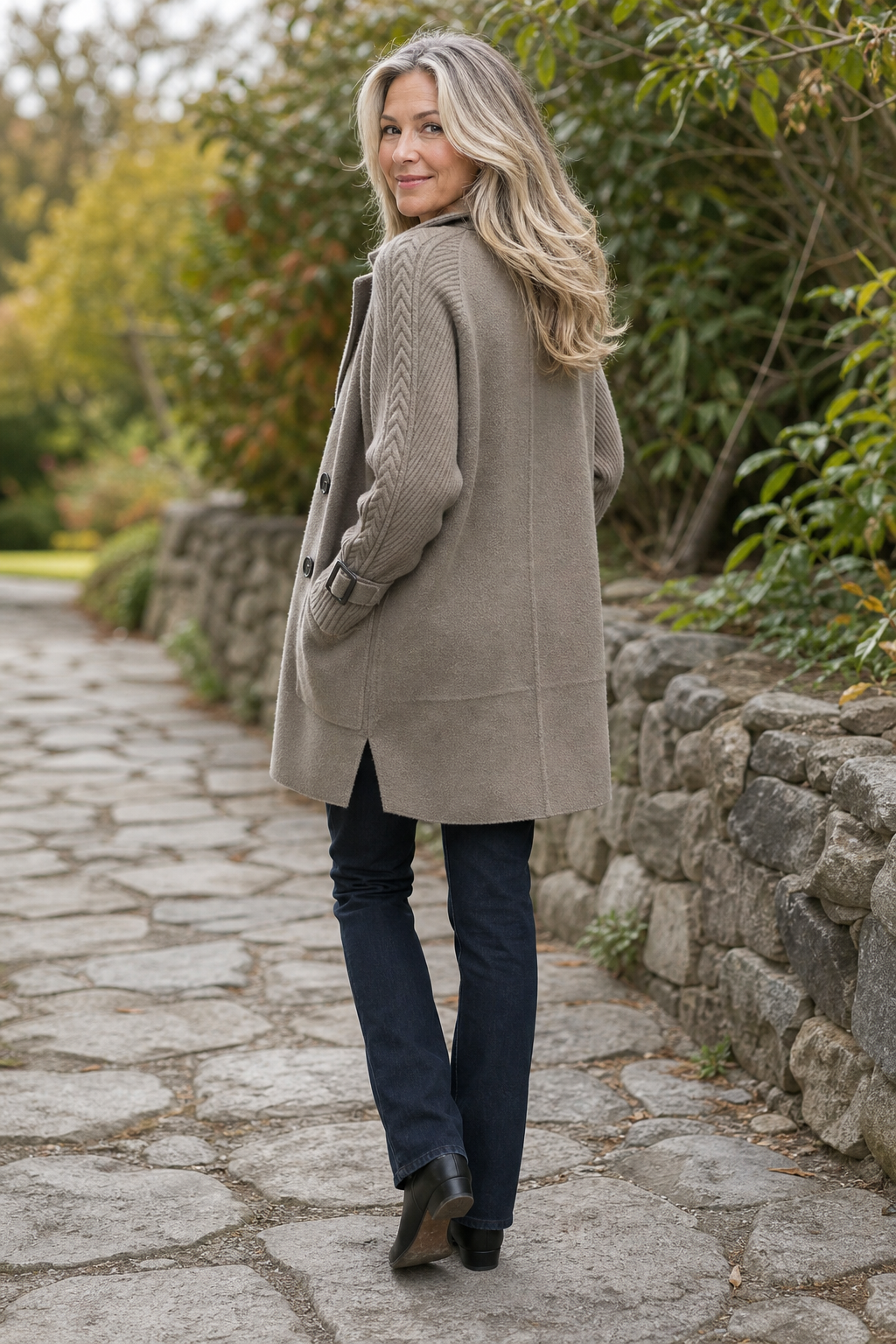 Cable-Knit Sleeve Double-Breasted Longline Coat