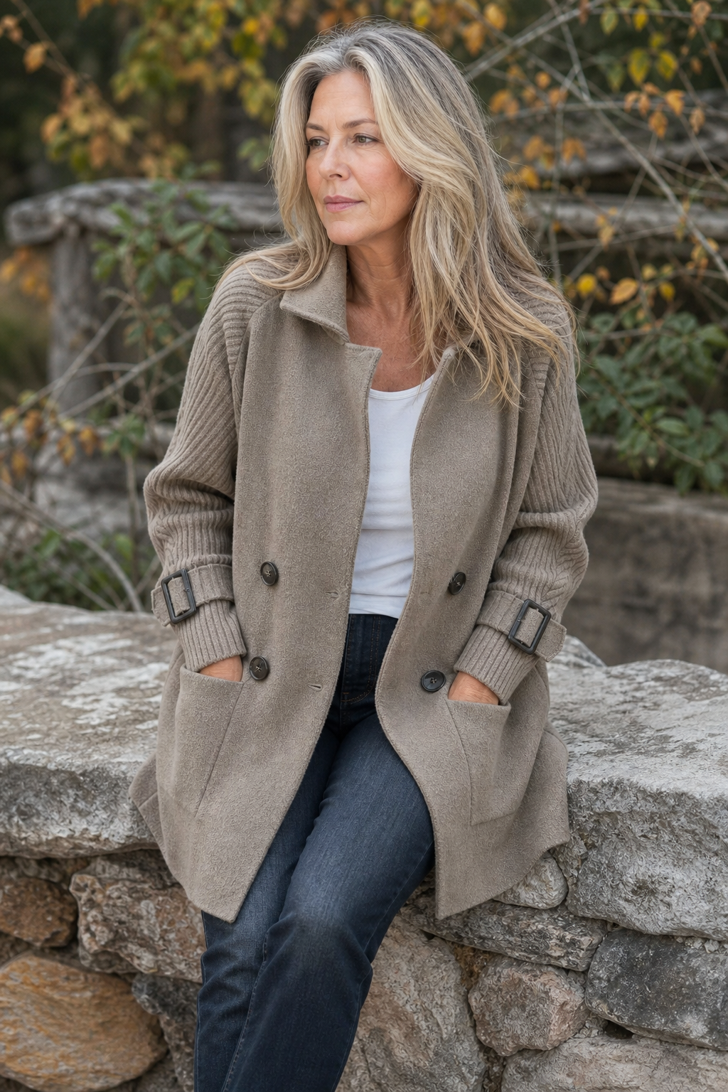 Cable-Knit Sleeve Double-Breasted Longline Coat