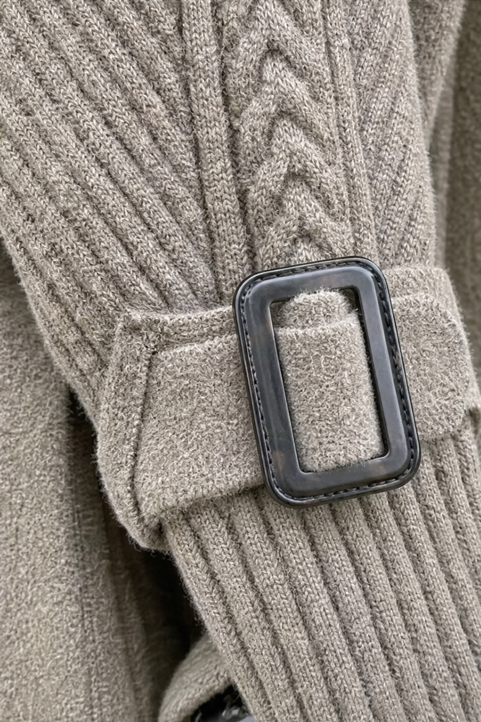 Cable-Knit Sleeve Double-Breasted Longline Coat