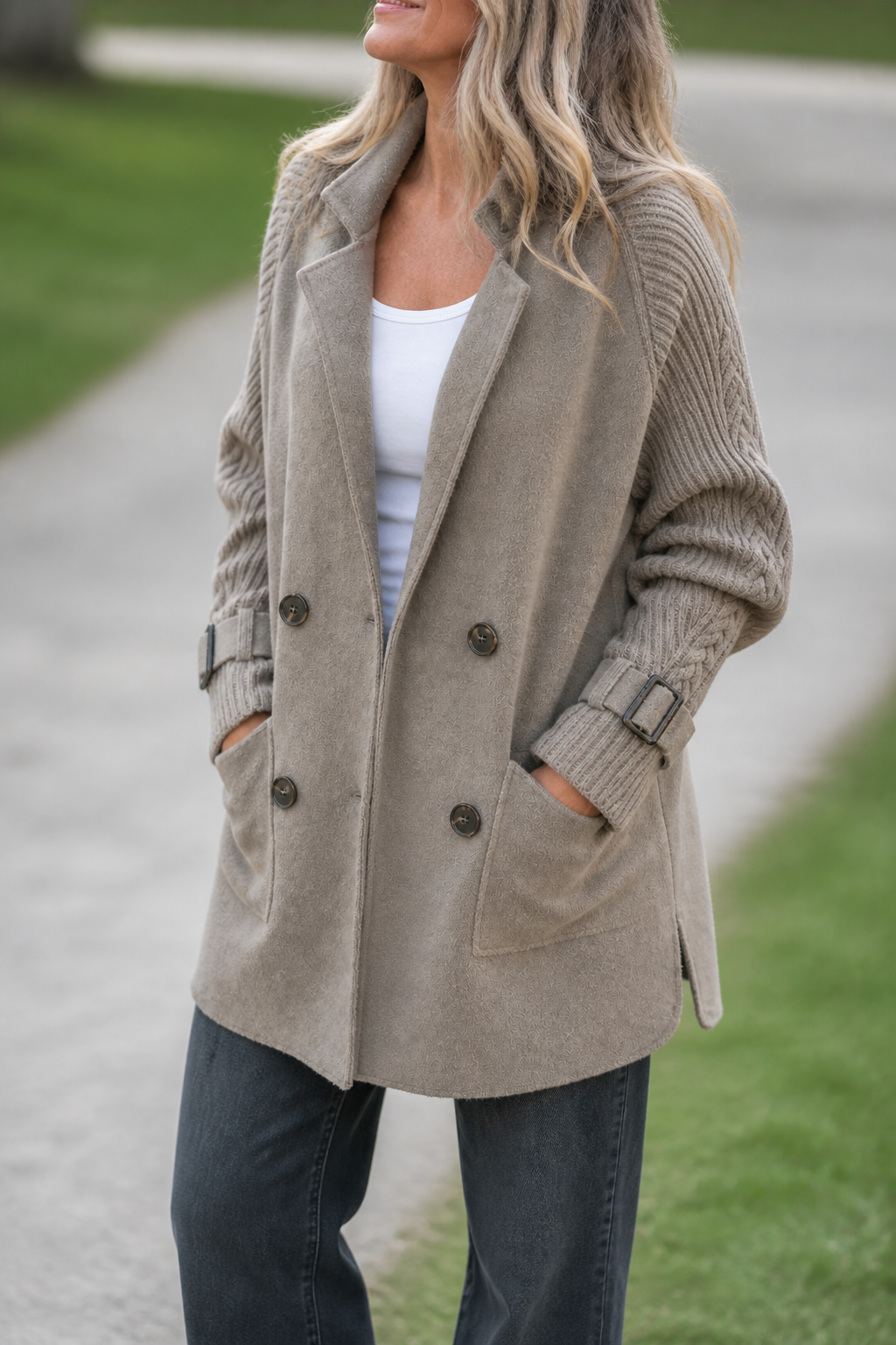 Cable-Knit Sleeve Double-Breasted Longline Coat