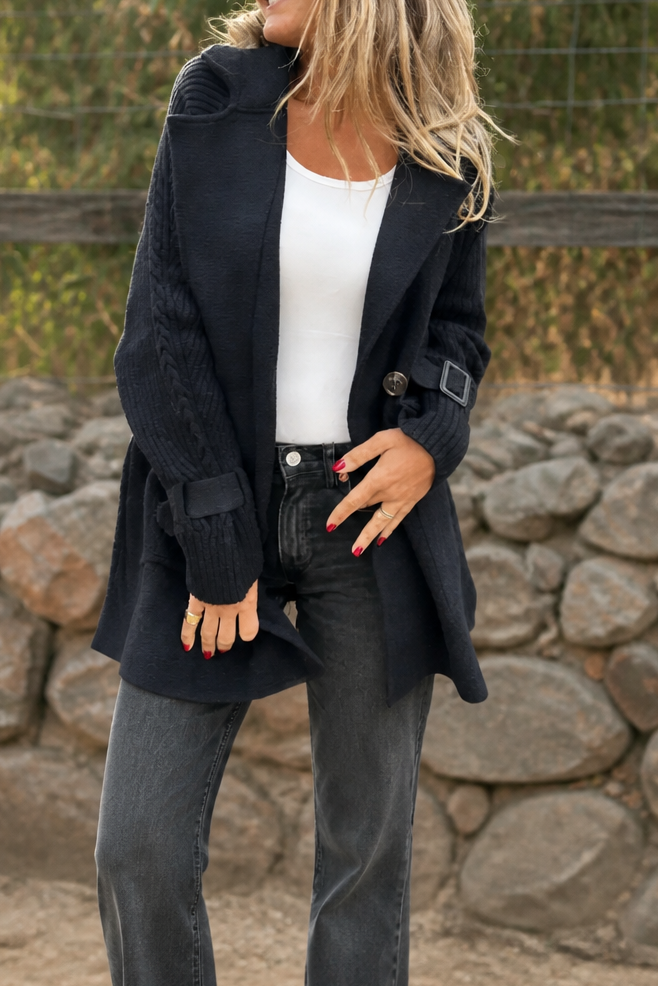 Cable-Knit Sleeve Double-Breasted Longline Coat