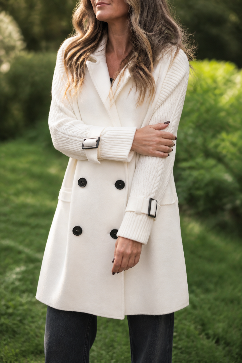 Cable-Knit Sleeve Double-Breasted Longline Coat