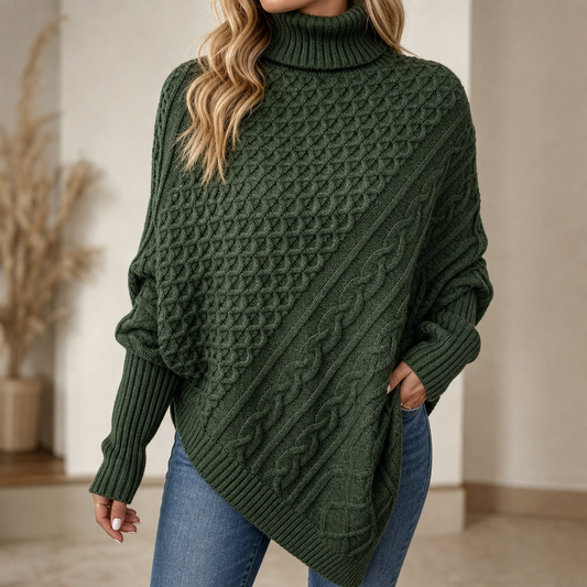 Cable-Knit Turtleneck Poncho Sweater
