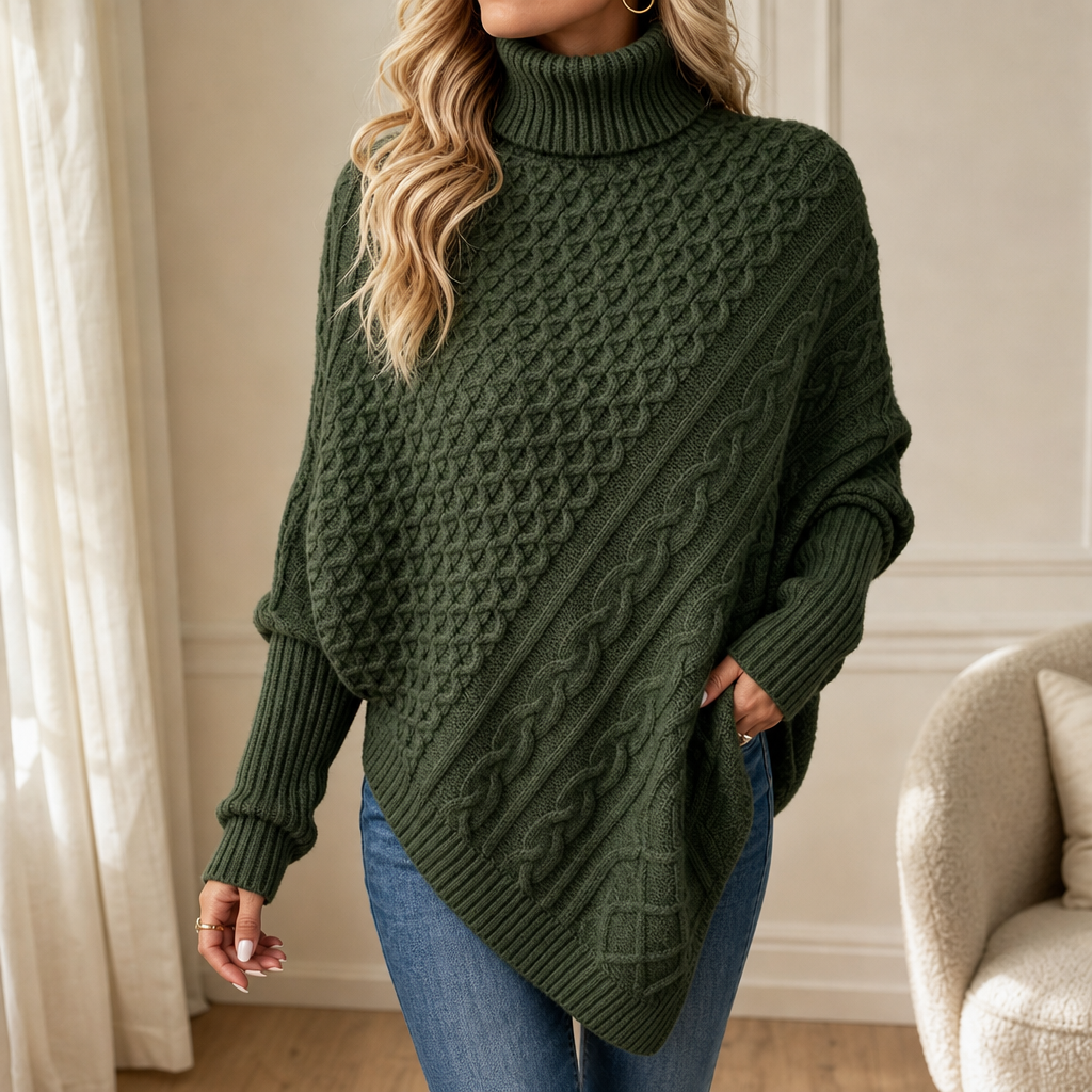 Cable-Knit Turtleneck Poncho Sweater