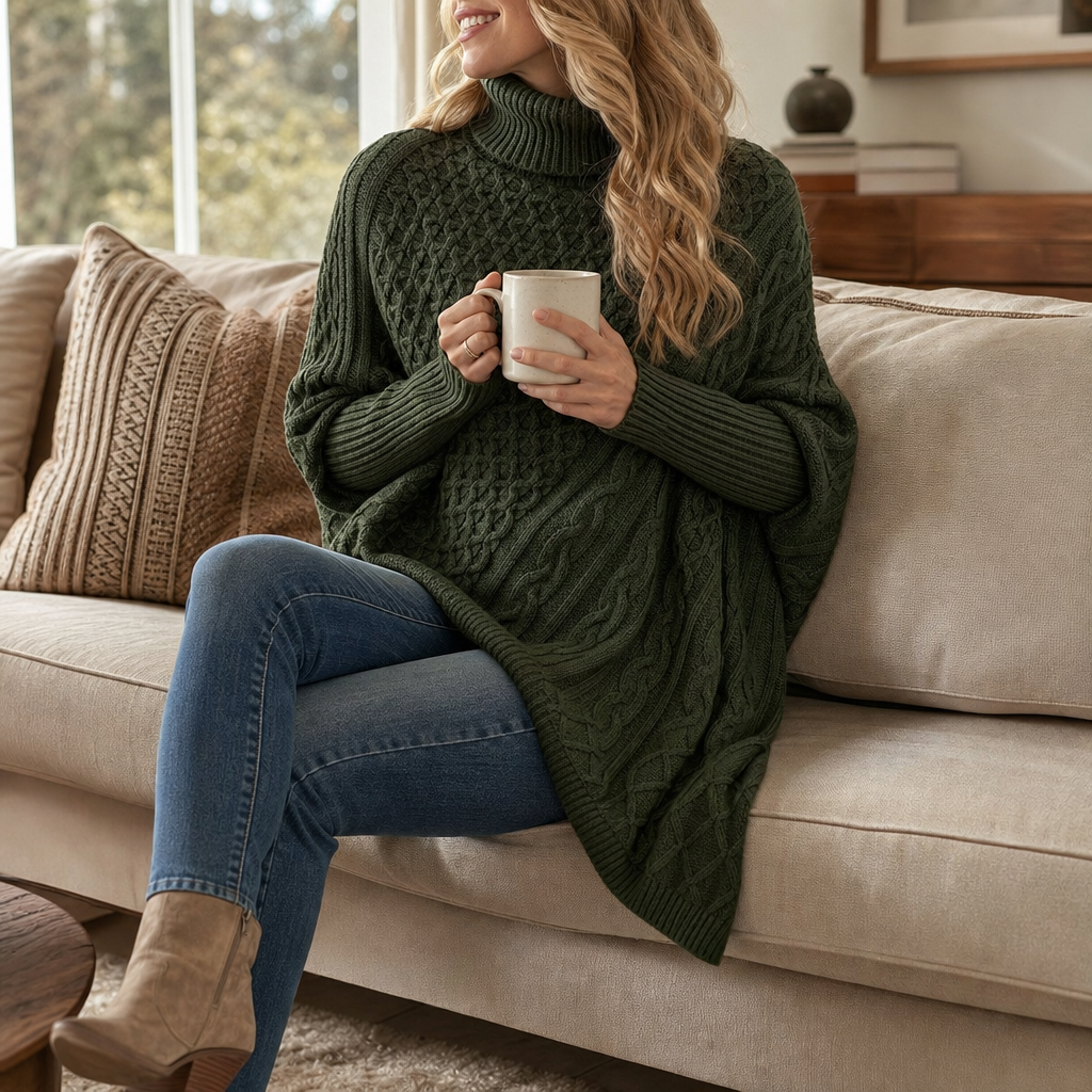 Cable-Knit Turtleneck Poncho Sweater