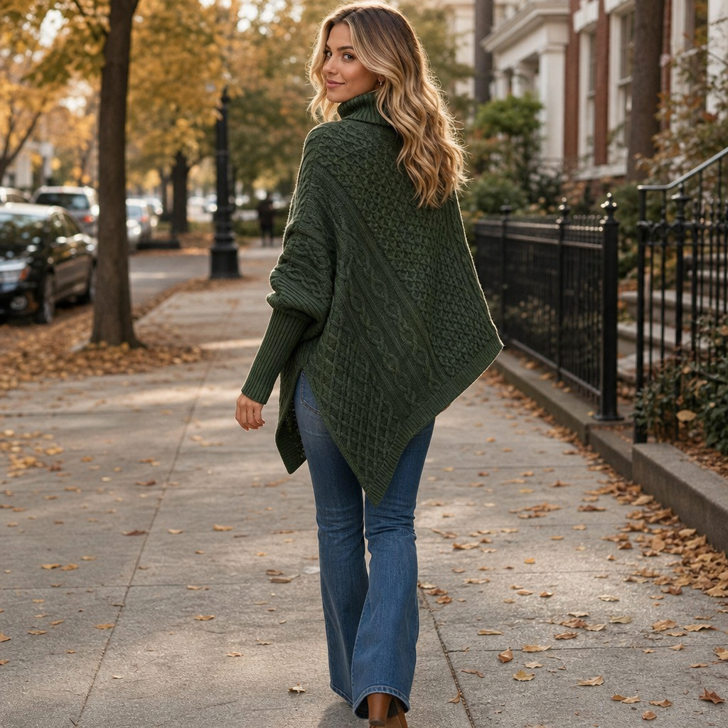 Cable-Knit Turtleneck Poncho Sweater
