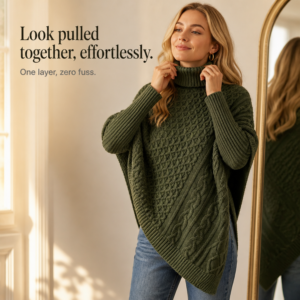 Cable-Knit Turtleneck Poncho Sweater