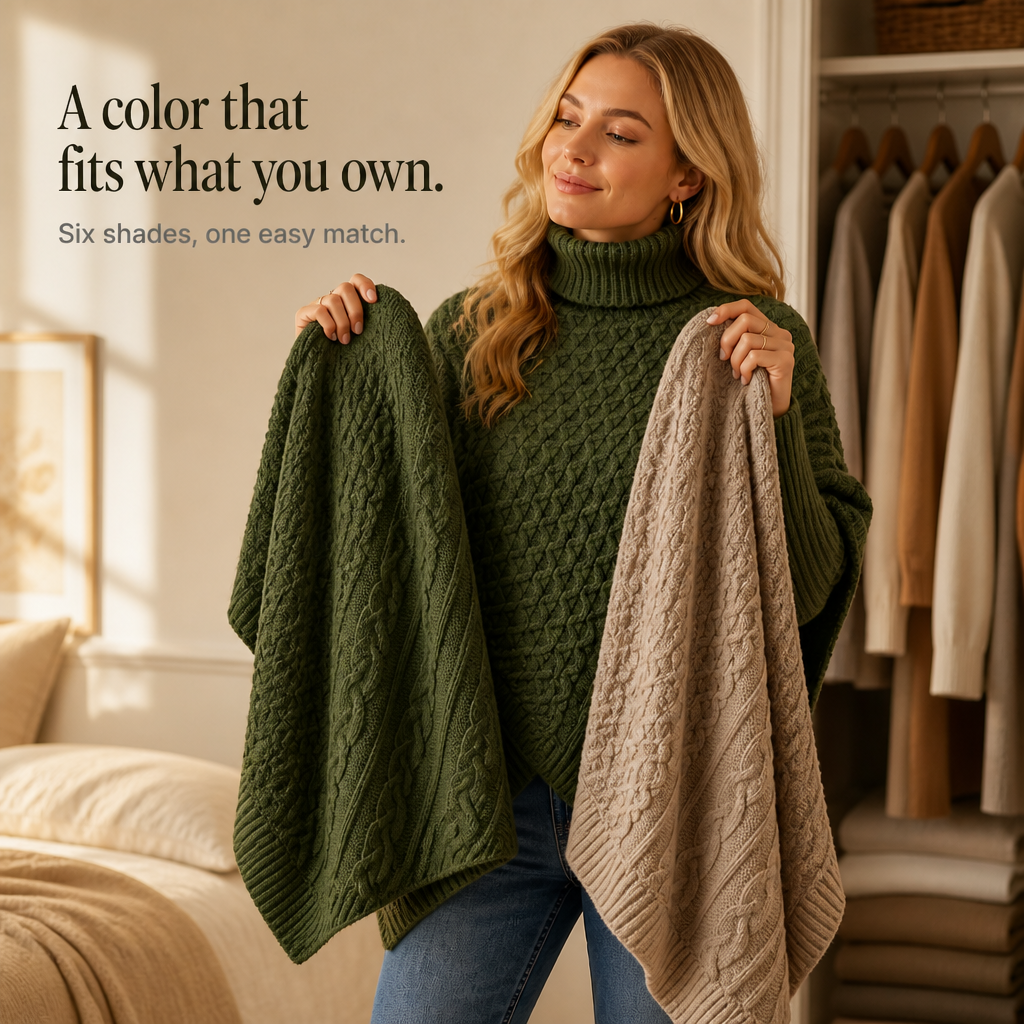 Cable-Knit Turtleneck Poncho Sweater
