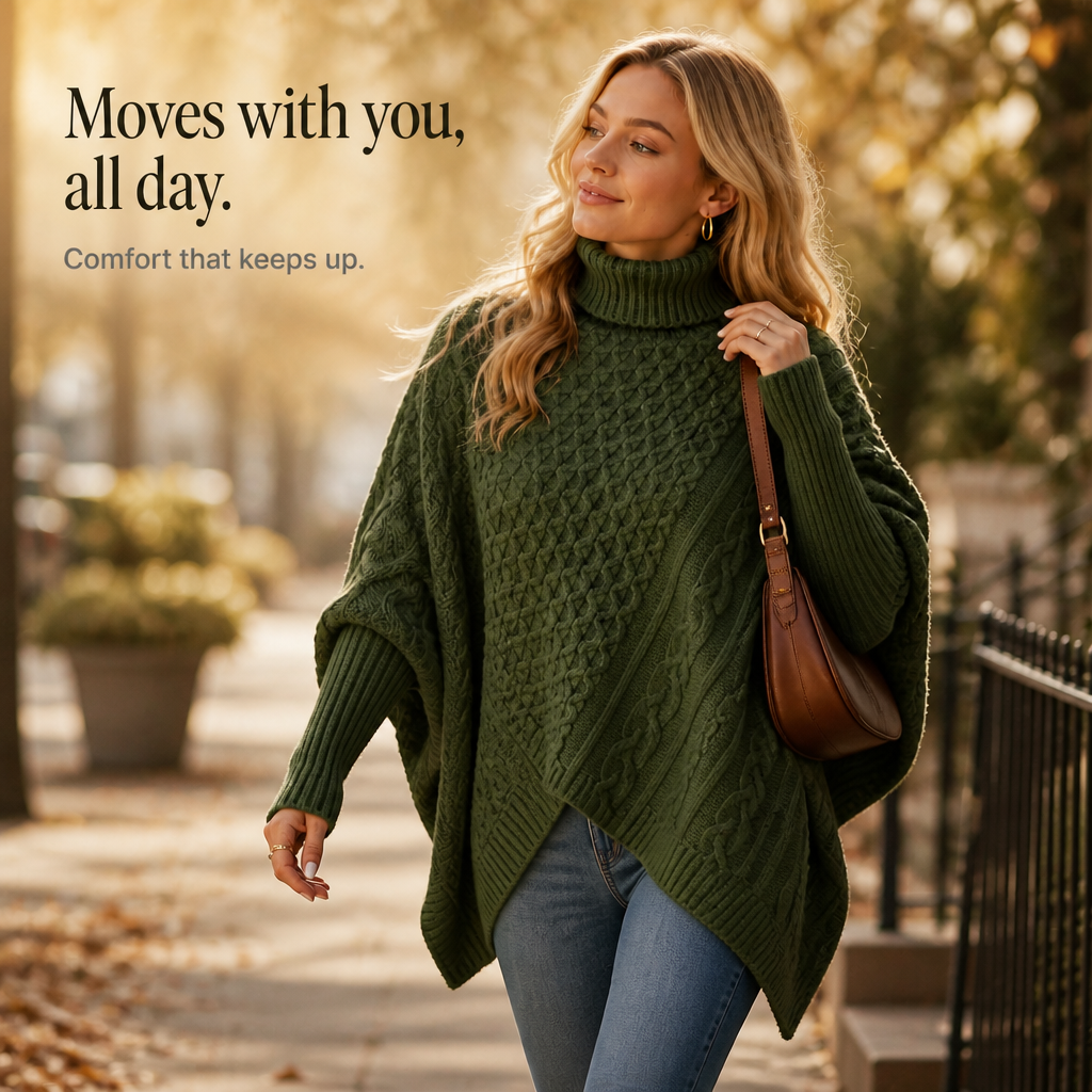 Cable-Knit Turtleneck Poncho Sweater