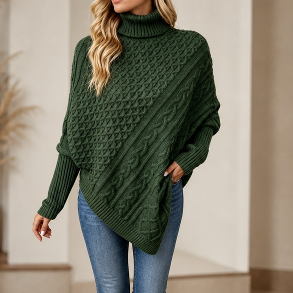 Cable-Knit Turtleneck Poncho Sweater