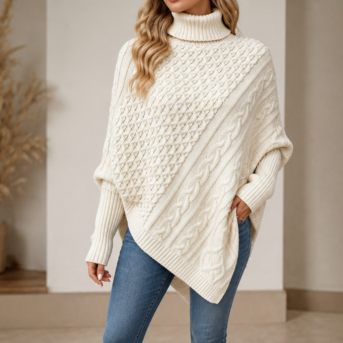 Cable-Knit Turtleneck Poncho Sweater