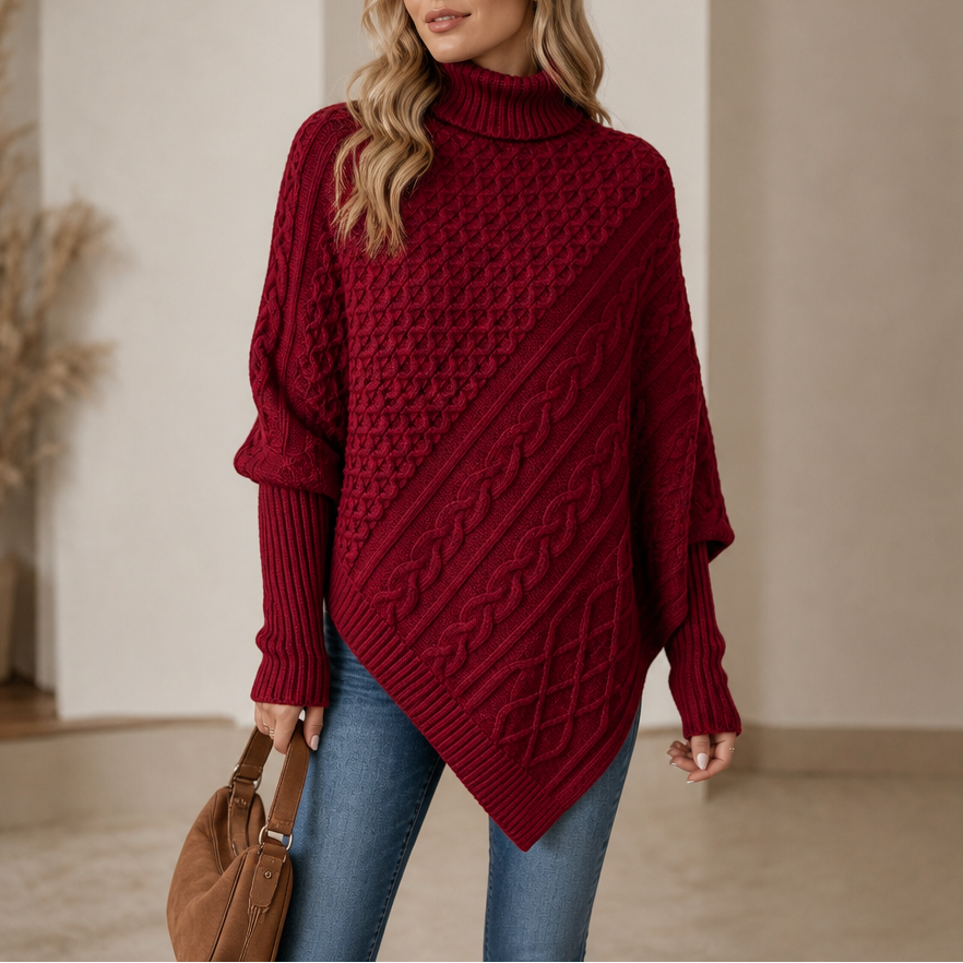 Cable-Knit Turtleneck Poncho Sweater