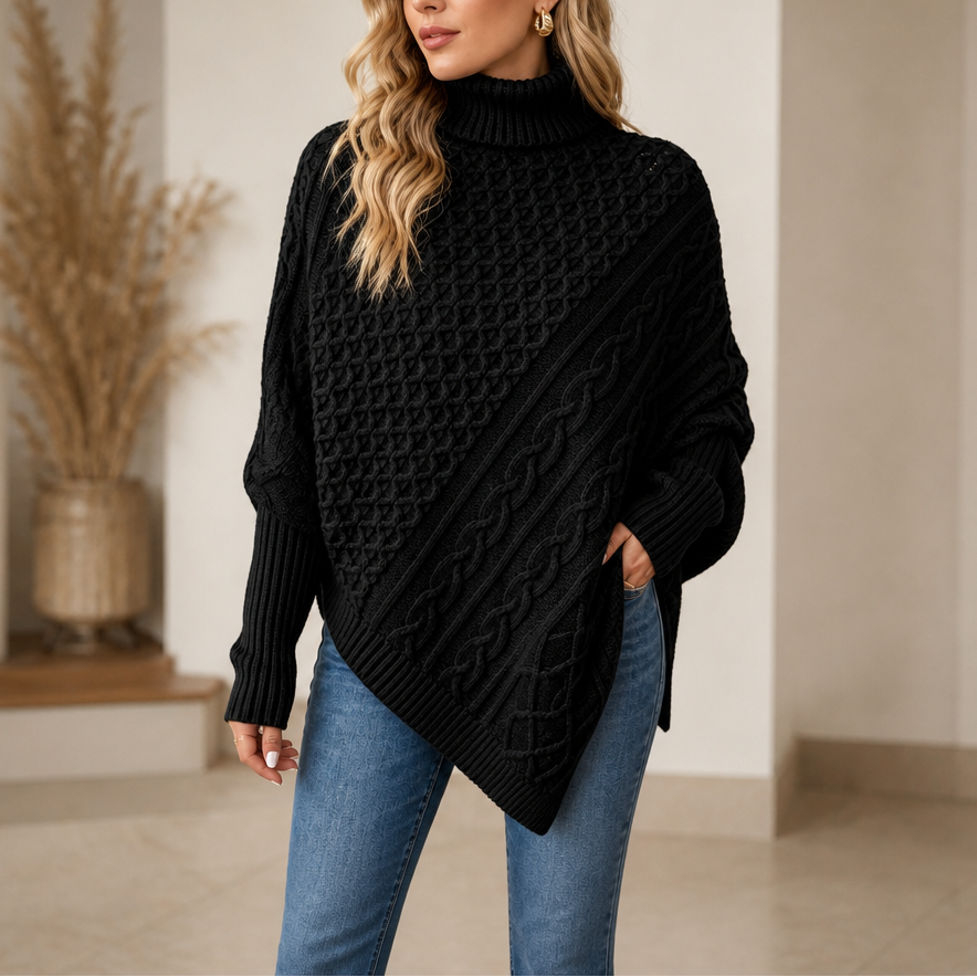 Cable-Knit Turtleneck Poncho Sweater
